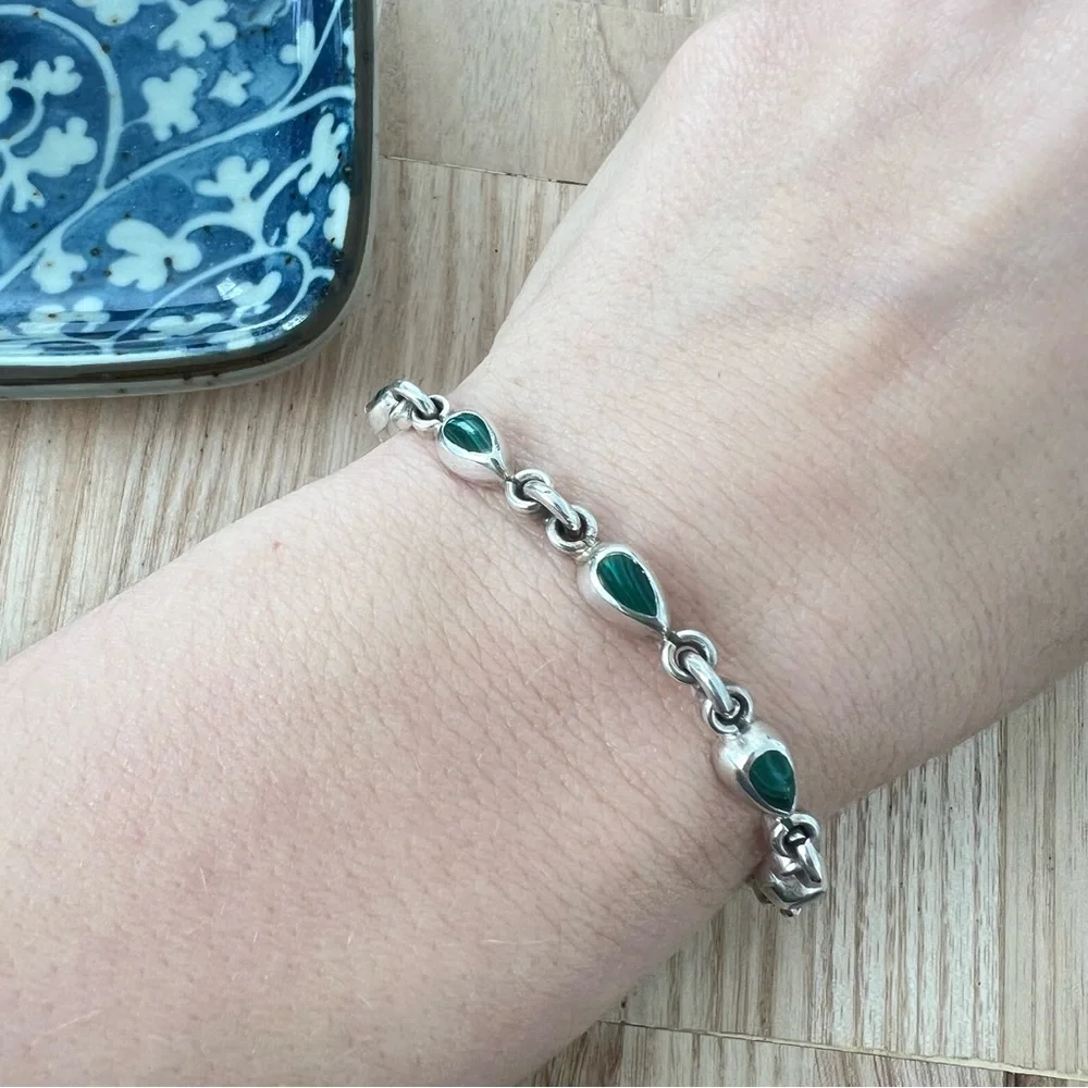 Taxco Sterling silver green malachite teardrop linked bracelet anklet chain